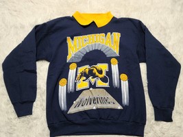 Michigan Wolverines Collar Sweatshirt L Mascot 80s Spellout Pullover Blue VTG - £25.78 GBP