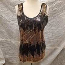 Christine Gerard Women&#39;s Black and Gold Sequin Viscose Tank Top, Size L - £38.83 GBP
