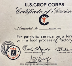 WWII Home Front US Crop Corps Patriotic Service Food For Freedom Cert 1943  - $31.42