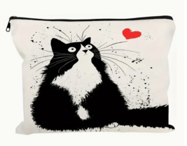 Black Cat w/Heart Canvas Makeup Bag, Travel Essential Accessories Lightweight - £7.29 GBP