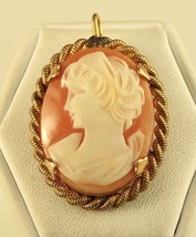 Vintage 12K Gold Filled Circa 1950 Oval Coiled Carved Shell Cameo Pendant Brooch - $64.35