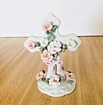 Enesco Easter Standing Cross Spring Flowers Bow Porcelain Figurine 4" x 3" x 2.5 - $30.68