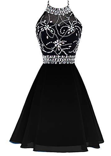 Beaded Halter Short Ombre Chiffon Corset Prom Homecoming Dress Pure Black US 2