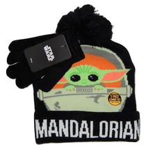 Mandalorian Baby Yoda Star Wars Cuffed Knit Beanie Winter Hat &amp; Gloves Set - £13.94 GBP