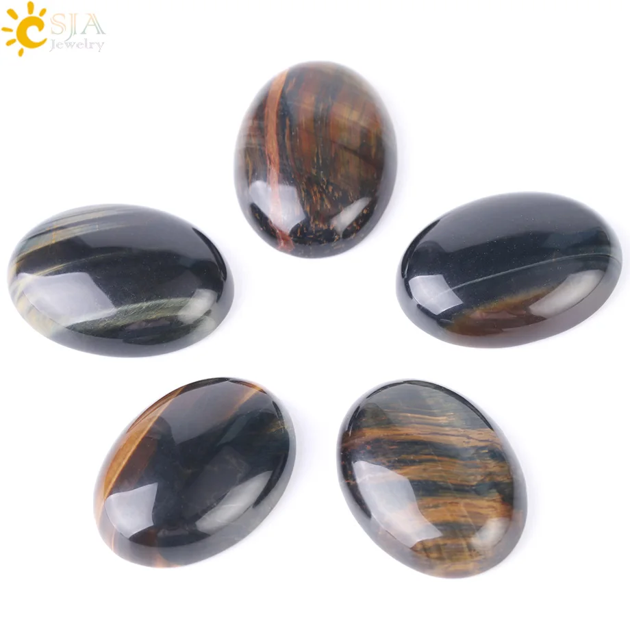 CSJA 1PC Natural Blue Tiger Eye Loose Gem Stone Cabochon Bead Oval for Ring - $7.93