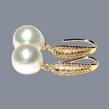 Lustrous 10.5mm Natural White Round Edison Cultured Pearl Dangle Hook Earrings - £109.68 GBP