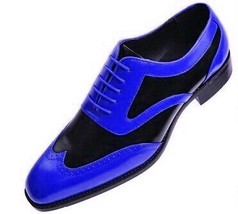 Men Oxford Blue Black Derby Wingtip Vintage Leather Handmade Formal Dress Shoes - £118.62 GBP+