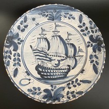 Antique Mid 18th Century Tin Glazed Delft Galleon Sailing Ship 14&quot; Large Plate - £731.63 GBP