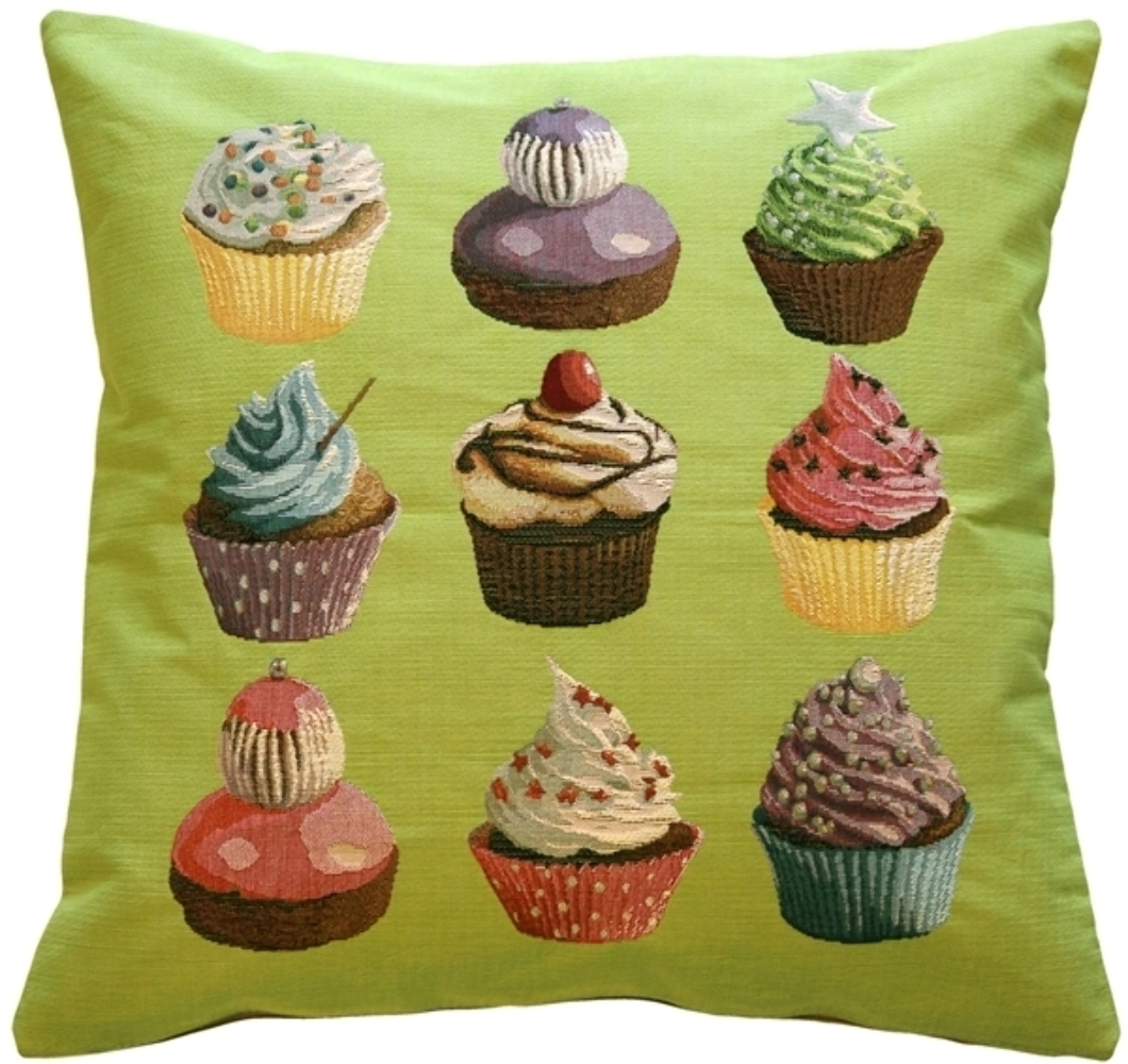 Cupcakes on Green French Tapestry Throw Pillow, Complete with Pillow Insert - £33.43 GBP