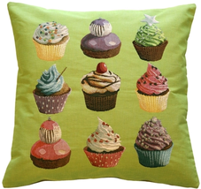 Cupcakes on Green French Tapestry Throw Pillow, Complete with Pillow Insert - $41.95