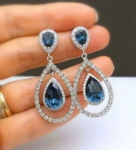 2Ct Simulated Sapphire Halo Drop/Dangle Earrings 14K White Gold Plated Silver - £94.66 GBP