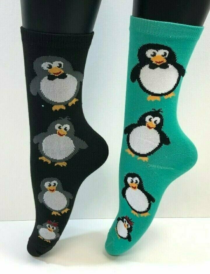 2 PAIRS Foozys Women&#39;s Socks PENGUIN Print, Green, Black, NEW - $8.99