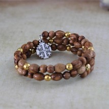 Beautiful Olive Wood Beads Bracelet With Silver Color Smaller Golden Beads and J - £27.49 GBP
