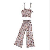 PINK ROSE Floral Crinkle Crop Top Pant Set Outfit Pull-On Elastic Waist Wide Leg - £33.23 GBP