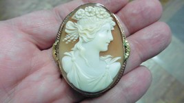 C-1342) Roman Woman flowers in hair shell carved oval CAMEO 10k gold pin... - £131.44 GBP