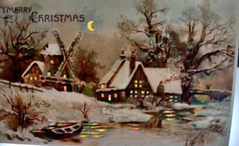 Hold To Light Postcard Christmas Village Snow Covered Wind Mill Boat Hom... - £29.40 GBP