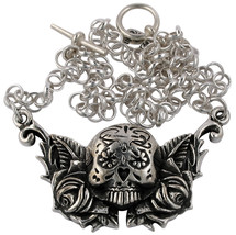 Day Of The Dead Sugar Skull Roses Fine Sterling Silver Necklace 925 Femme Metale - £185.41 GBP
