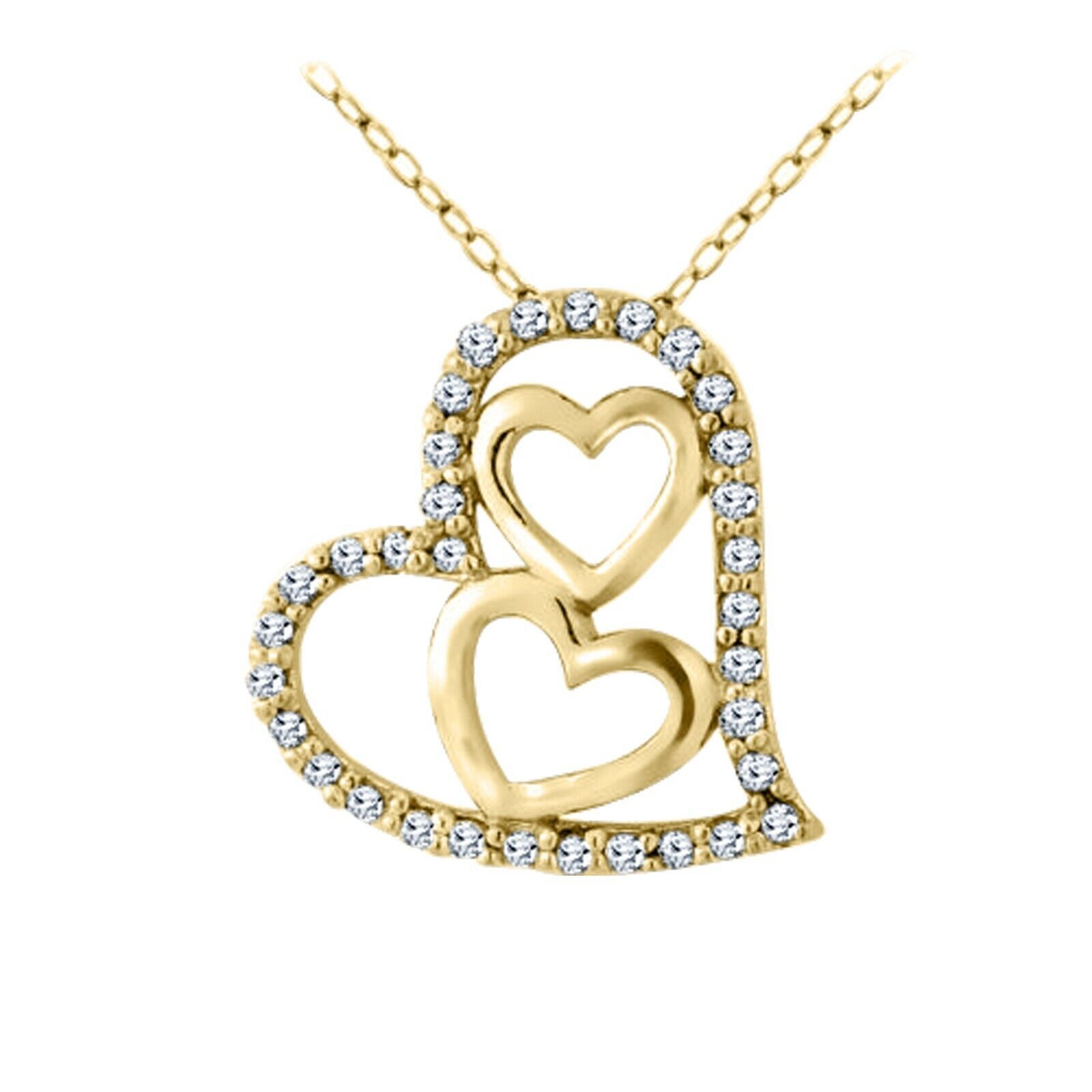 14K Yellow Gold Plated Silver 1/10ct Round Moissanite Triple Heart Penda... - $35.96