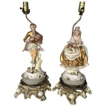Antique Victorian Table Lamp Man Woman Pair Porcelain Figurine Set Shades - £235.41 GBP