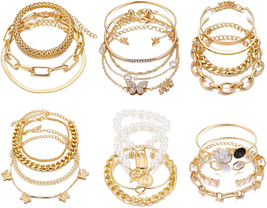 6 PACK (24 PCS) Boho Gold Chain Bracelets Set for Women Girls, 14K Gold Plated M - £17.65 GBP