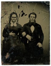 CIRCA 1860&#39;S 1/6 Plate Hand Tinted TINTYPE Older Stern Looking Couple Arm in Arm - £11.00 GBP