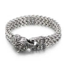 Wolf Head Animal Punk Men Bracelet Viking Retro Stainless Steel Wristband Charm  - £25.44 GBP