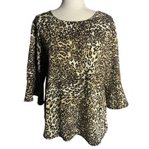 Leopard Print Pullover Blouse XL Brown Bell Sleeve Stretch Knit Round Neck - $14.00