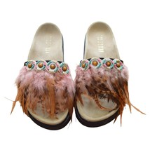 Inuikii Pink Brown Feathers Ethnic Slides Sandals Open Toe Shoes size 39 - $108.90
