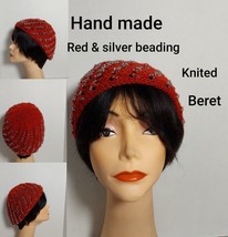 Handmade Red Knitted Beret With Silver Beading - $11.00