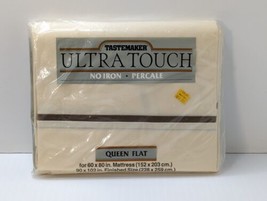 Vintage Tastemaker Queen Bed Flat Sheet No Iron Percale Satin Piping IVORY New  - £15.51 GBP