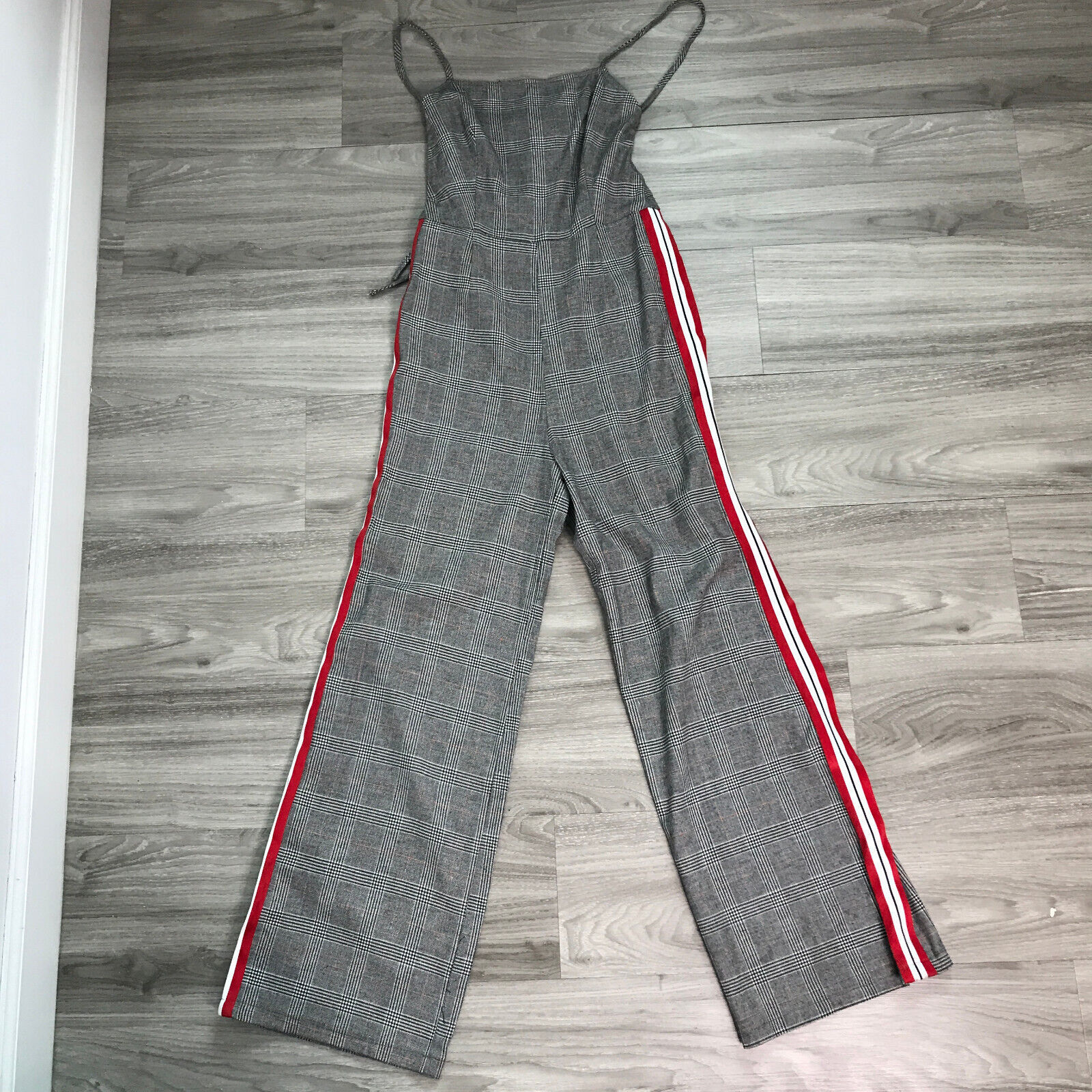 Primary image for by the way Jumpsuit S Gray Plaid Tartan Wide Leg Tuxedo Stripe Adjustable Straps