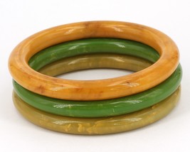 3 Vintage 8&quot; Marbled Green &amp; Yellow Bakelite Stacking Bangle Bracelets 3... - £31.42 GBP