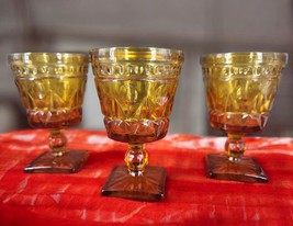 Vintage Indiana Glass Amber Goblets 5 3/8&quot; Stemmed Colony Park Lane set of 3 - £19.37 GBP