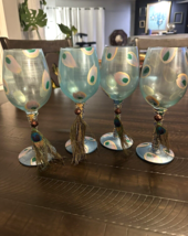 Lolita Hand Painted Wine Glass w/Recipe &quot;Ostentatious” Peacock 4 Glasses Carafe - £64.52 GBP