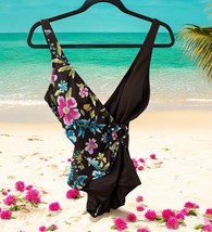 Jantzen Women&#39;s One Piece Swimsuit Floral Size 12 Vneck brown pink yello... - $22.77