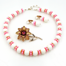 Vintage Hong Kong Necklace and Earring Set  Retro Pink Rhinestone Brooch  Easter - £30.68 GBP