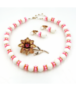 Vintage Hong Kong Necklace and Earring Set  Retro Pink Rhinestone Brooch... - $741.26 MXN