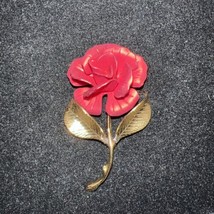 Red Satin Finish and Gold Tone Cerrito Rose Brooch - £7.96 GBP