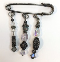 Safety Pin Brooch with Art Glass AB and Metal Beads - £9.57 GBP