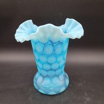 Vintage Fenton Coinspot Dot Blue Opalescent Tri-fold Crimped Ruffled Gla... - $74.24