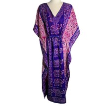 Ana Rose Kaftan MuuMuu Maxi Dress One Size Purple Blue Elephants Tie Waist - £22.20 GBP