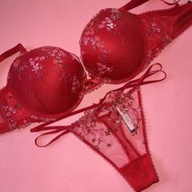 Victoria&#39;s Secret 34B BRA SET S,M thong Strappy RED Pink Foil Floral Embroidered - £71.05 GBP