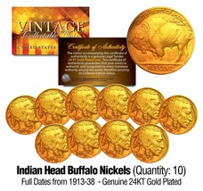 Lot of 10 Full Date BUFFALO NICKELS US Coins Gold Plated Indian Head -Be... - $745.41 MXN