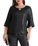 Hanna Nikole Women&#39;s Sequin Party Blouse Crew Neck 3/4 Sleeve Black Size... - $451.97 MXN