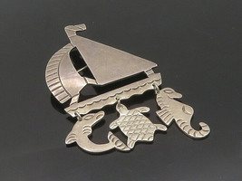 MEXICO 925 Silver - Vintage Dolphin Fish Seahorse Charm Boat Brooch Pin - BP7223 - £71.23 GBP