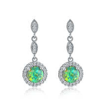 Green Opal &amp; Cubic Zirconia  Silver-Plated Halo Drop Earrings - £12.82 GBP