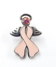 VTG Pink Ribbon Angel Wings Silver Tone Rhinestone Enamel Lapel Pin - £7.90 GBP