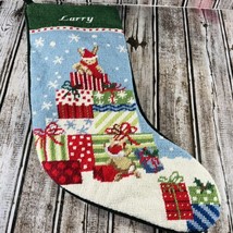 Lands End Needlepoint Velvet Christmas Stocking Embroider Larry Bear Presents - $39.99
