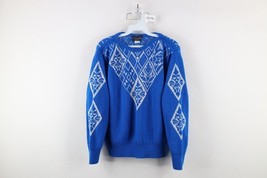 Vintage 80s 90s Streetwear Womens Large Abstract Flower Knit Sweater Blu... - $33.62