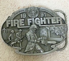 1991 American Firefighter Commemorative Silvertone Belt Buckle  2.5 x 3.5&quot; - £28.88 GBP